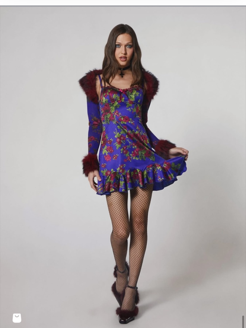 Betsey Johnson Floral Long Sleeve Dress 2 piece Burgundy Faux Fur
